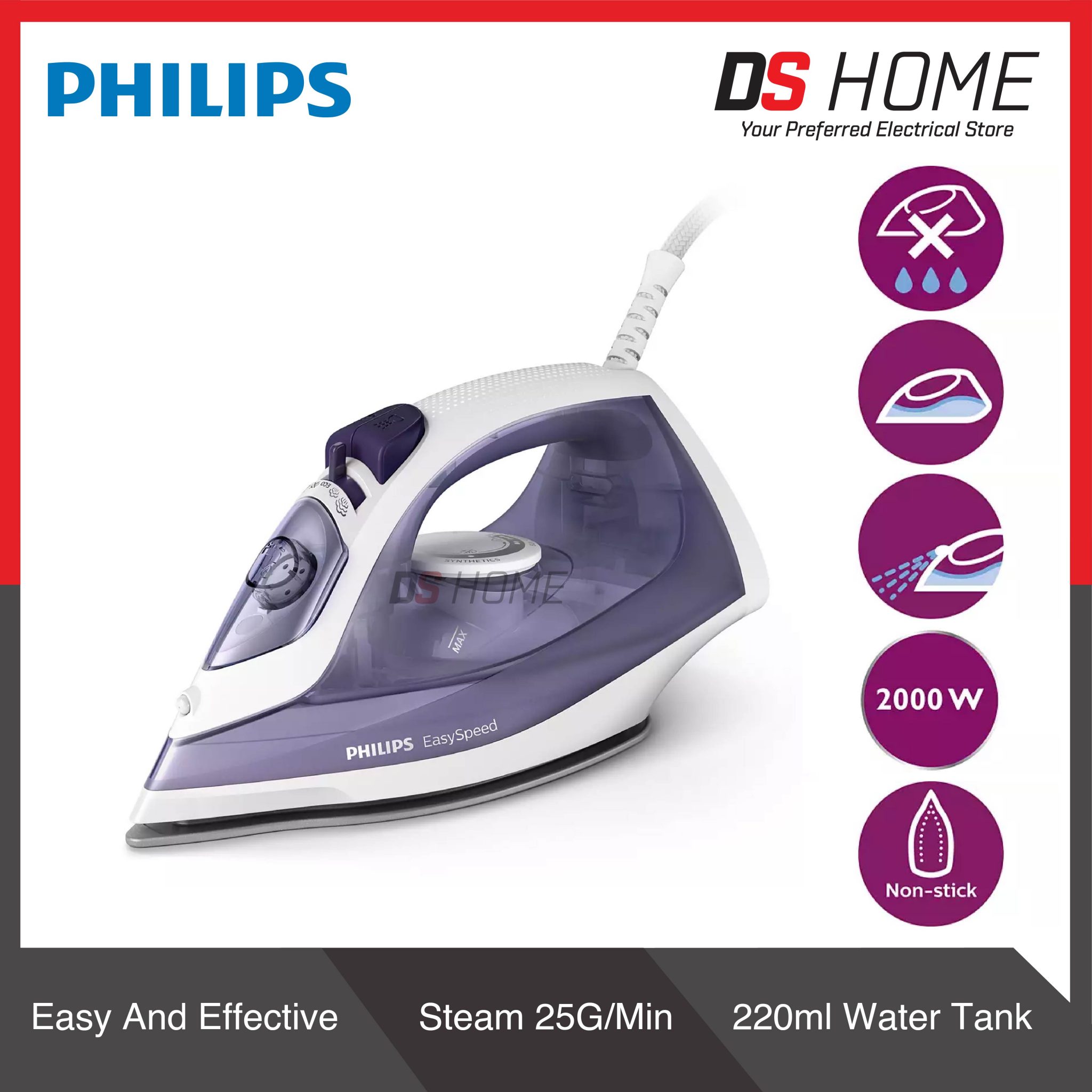 PHILIPS GC1752 EASYSPEED STEAM IRON 2000W (GC1752/36 ) DS HOME
