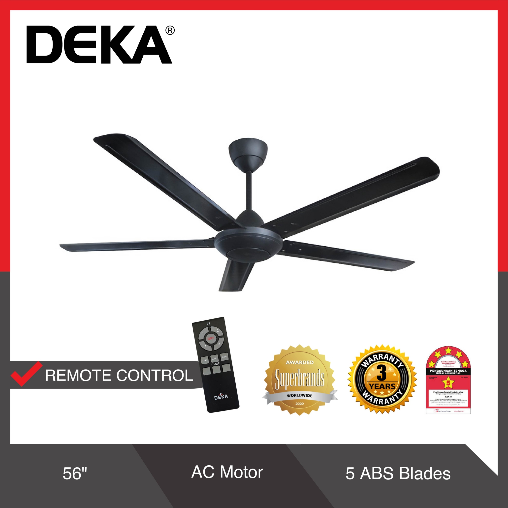 DEKA DK10 BLACK CEILING FAN 5 BLADES 5 SPEEDS REGULATOR AC MOTOR (56 ...